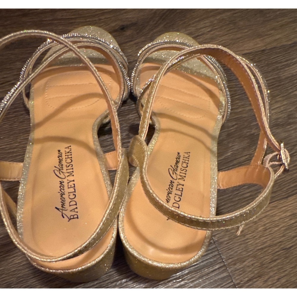 American Glamour Badgley Mischka Gold Glitter Rhinestone Block Heel Sandals 9.5 - Picture 5 of 13